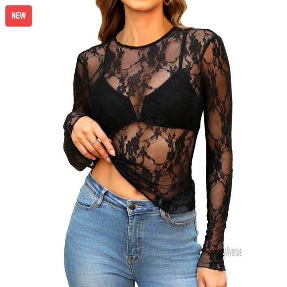 Tops - Mesh Lace Long Sleeve Slim Fit Top, Crewneck, See Through Blouse